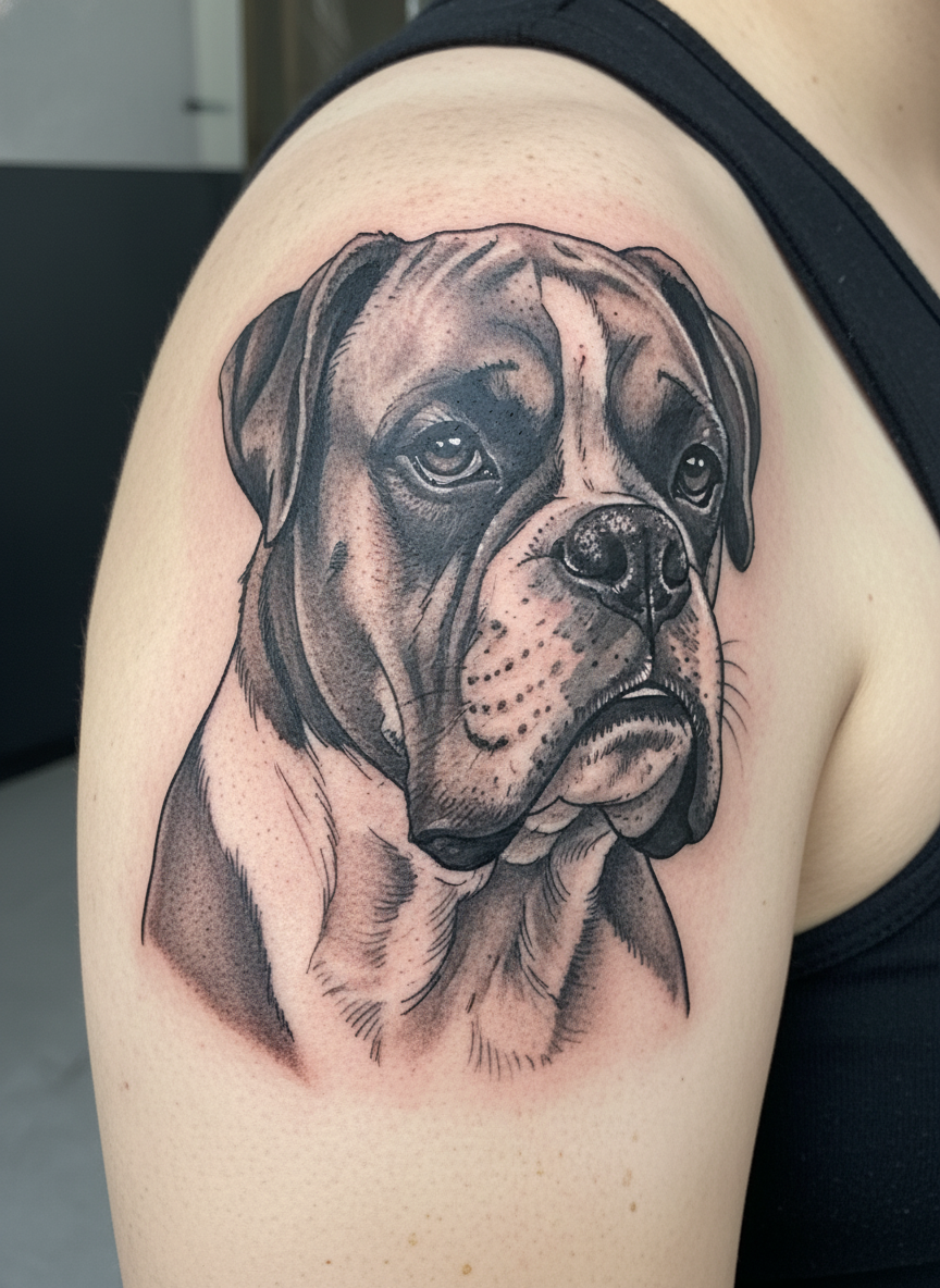 Cria uma tatuagem a partir desta foto, mas apenas do rosto do cao, em que ele esteja com uma postura firme e protetora, sem mostrar dentes
