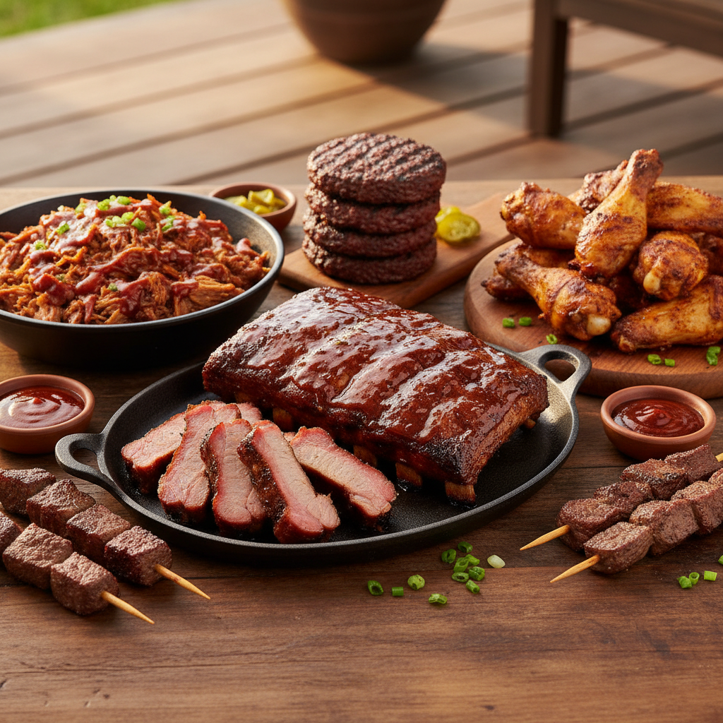 crie uma imagem que em uma mesa coloque uma costelinha suina com barbequio inteira e algumas fatias tambem, uma porção de lombo suino desfiado com barbequio, tulipas de frango defumada, carnes de hamburguer defumado, espetinhos de carne defumado.
